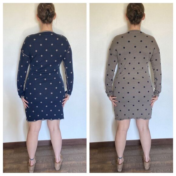 Sweater Dress Reversible Navy Taupe Brown Dot Large Soft Stretch - Picture 2 of 8